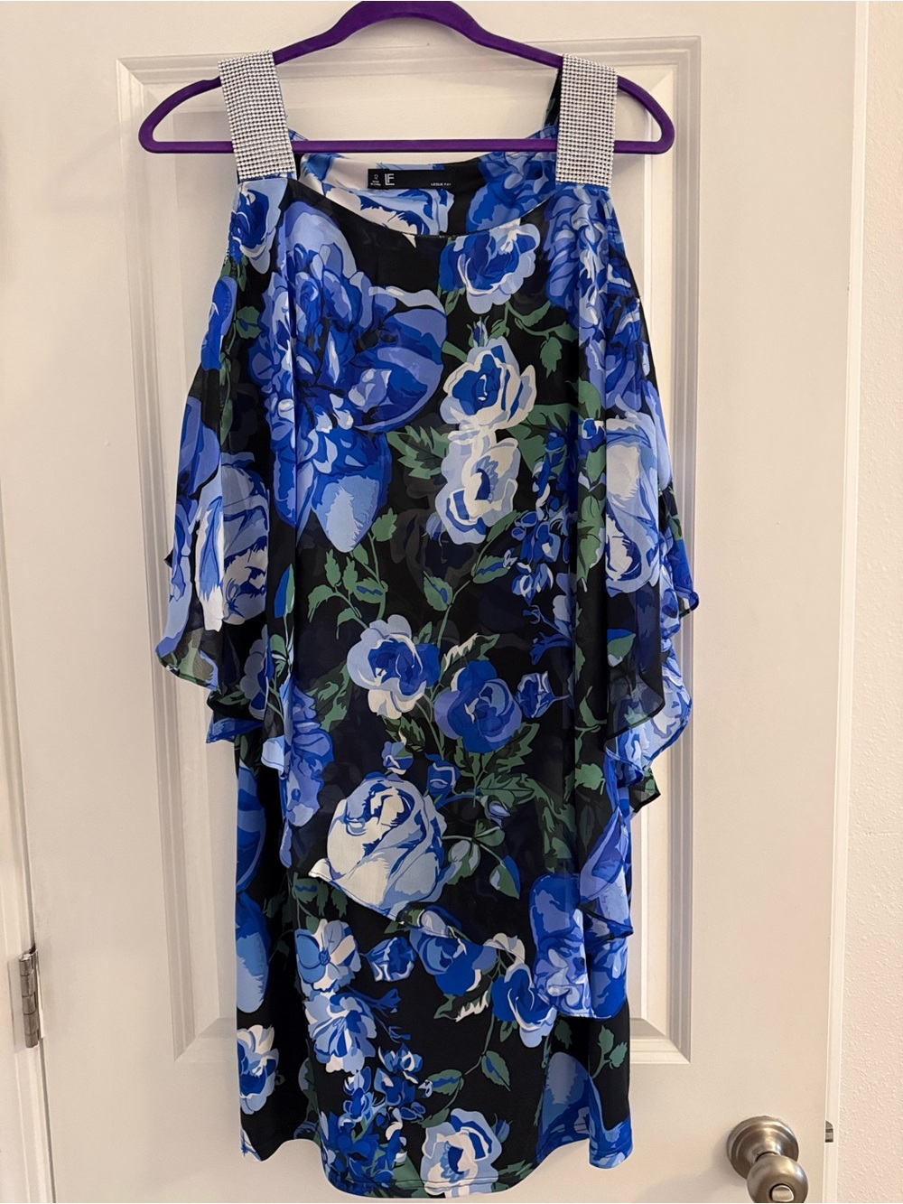 Asymmetric blue floral dress with rhinestone accents by Leslie Fay … size 12